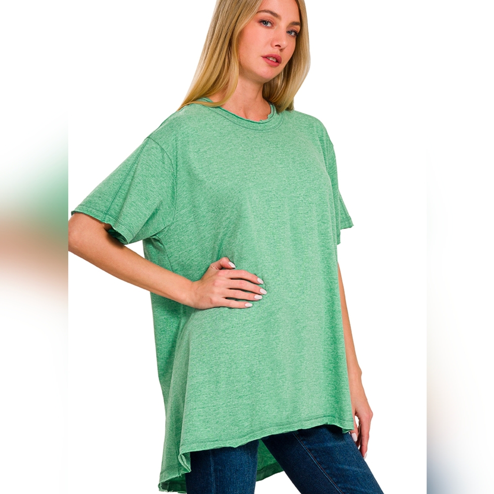 Zenana Washed Cotton Drop Shoulder Oversized Short Sleeve Top, Lt Green
